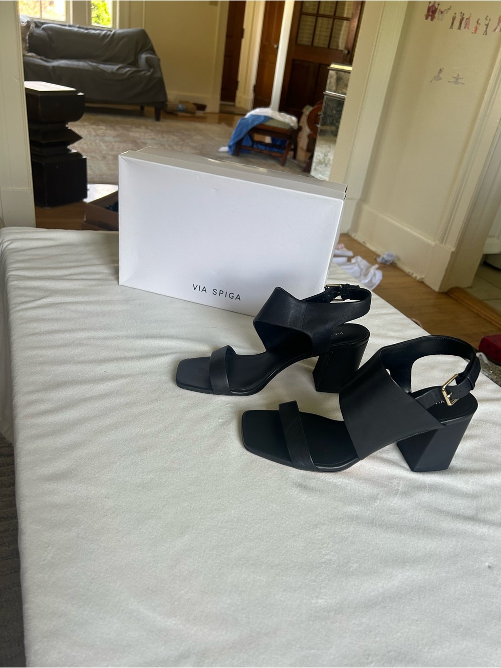 Via Spiga Black Leather Block Heel Sandals